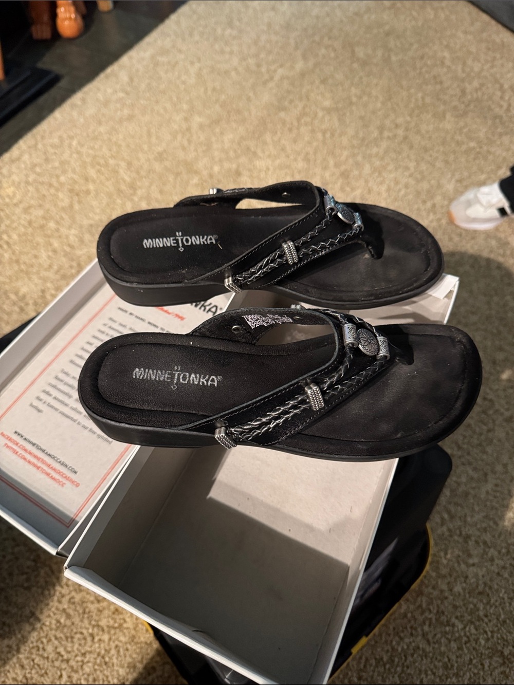 Minnetonka Black Braided Thong Sandals with Silver Accents - Women